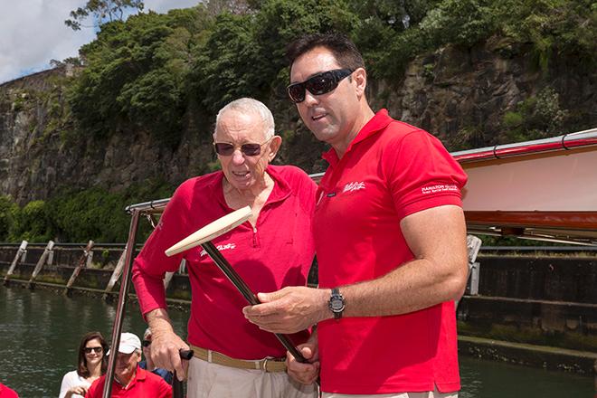 Wild Oats XI owner, 87-year-old Bob Oatley, hands over the “voodoo stick” to skipper Mark Richards prior to the start of last year’s Rolex Sydney-Hobart race. ©  Andrea Francolini / Audi http://www.afrancolini.com